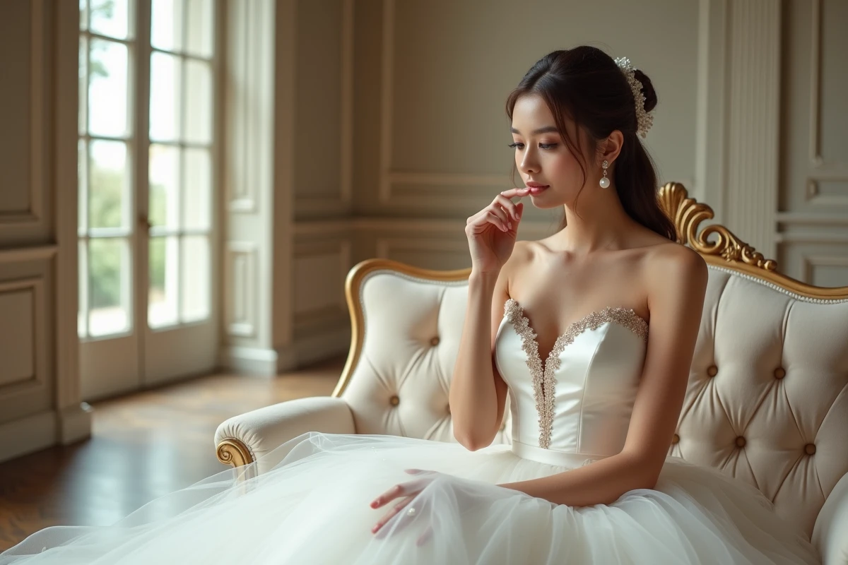 Mariée assise en robe de bal princesse à sequins champagne dans une salle de réception élégante avec boiseries ornementales
