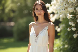Jeune mariée en robe blanche simple en mousseline avec bordure en dentelle dans un jardin fleuri