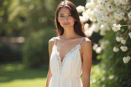 Jeune mariée en robe blanche simple en mousseline avec bordure en dentelle dans un jardin fleuri