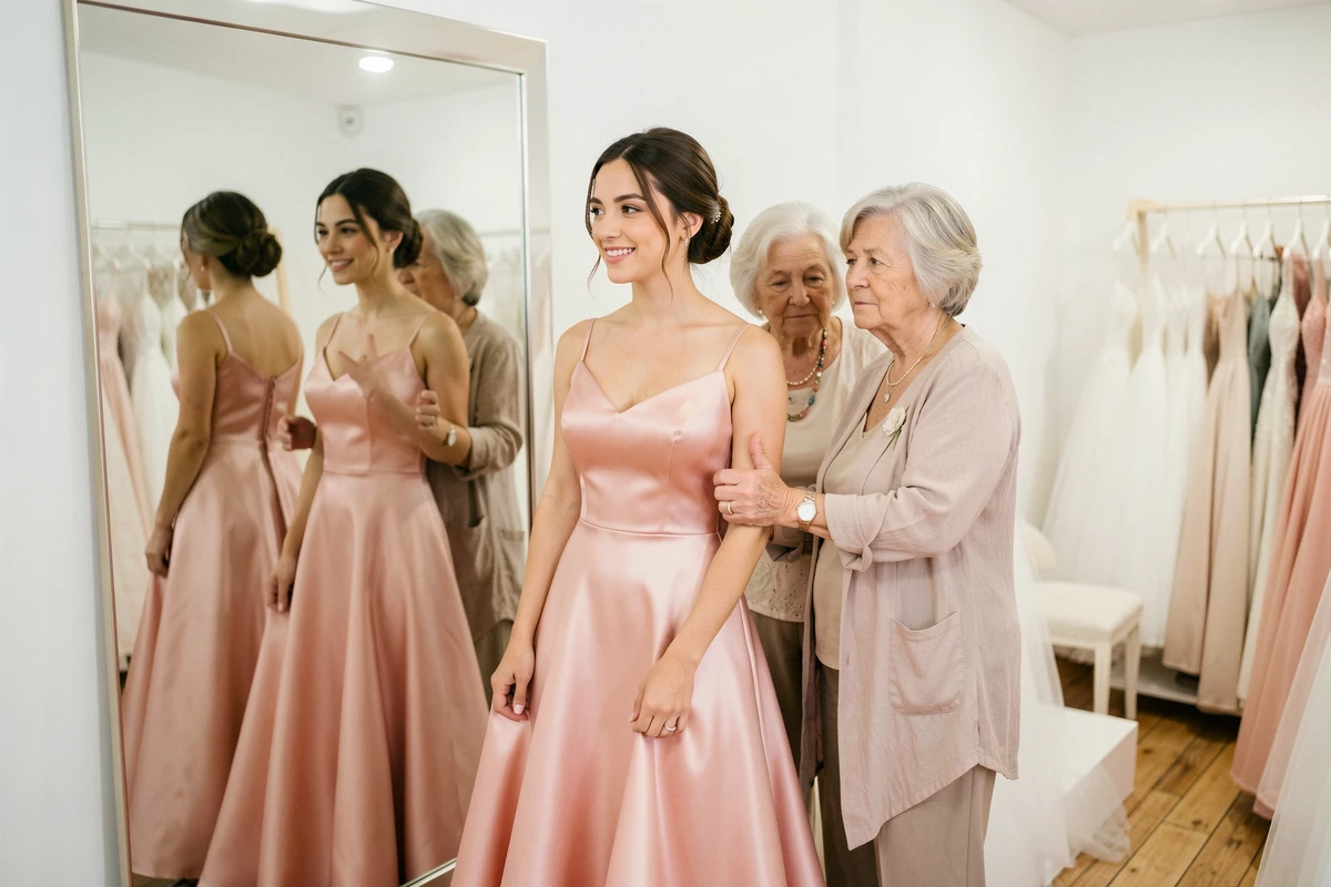 Mariée en robe de mariage rose blush discutant avec sa mère et belle-mère dans une boutique de robes de mariée
