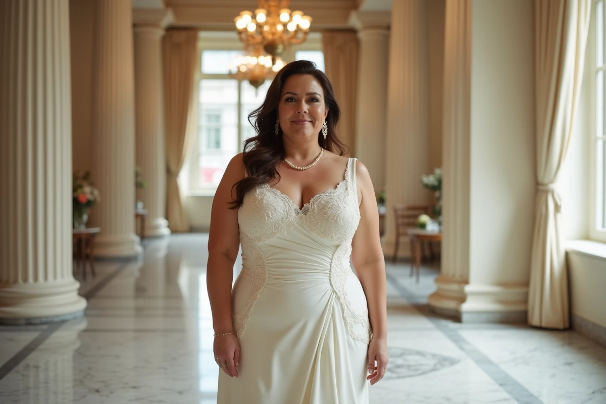 Robe ajustée mi-longue en dentelle ivoire pour femme ronde lors d'une réception de mariage élégante