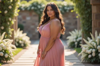 Femme grande taille portant une robe de mariage fluide en mousseline rose poudré dans un jardin fleuri