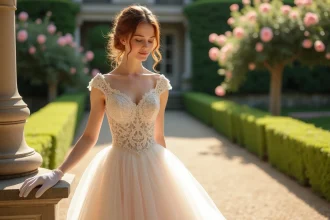 Mariée en robe de mariée princesse à jupe en tulle volumineuse et bustier en dentelle dans un jardin de château français