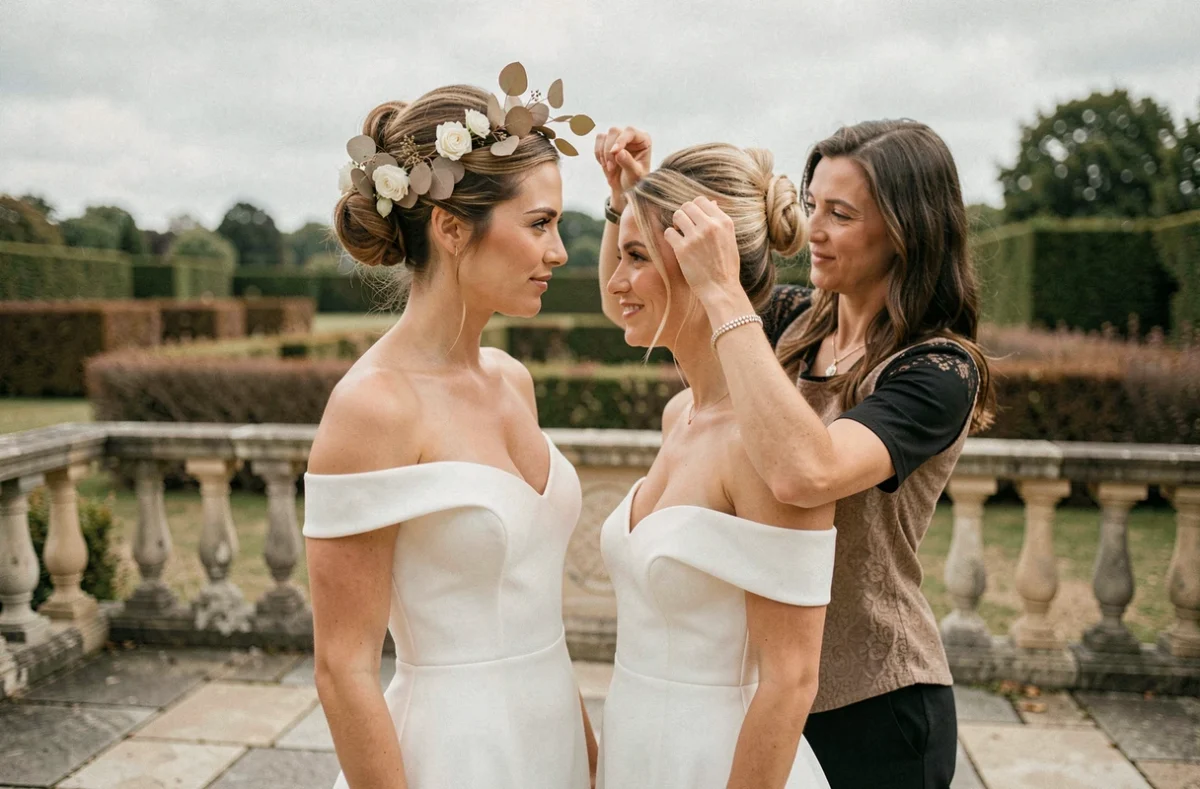 Styliste fixant un accessoire floral dans le chignon d'une mariée en robe de soirée blanche sur une terrasse de château français