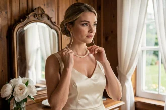 Mariée en robe de soirée ivoire ajoutant un collier de perles devant un miroir vintage dans une suite nuptiale élégante