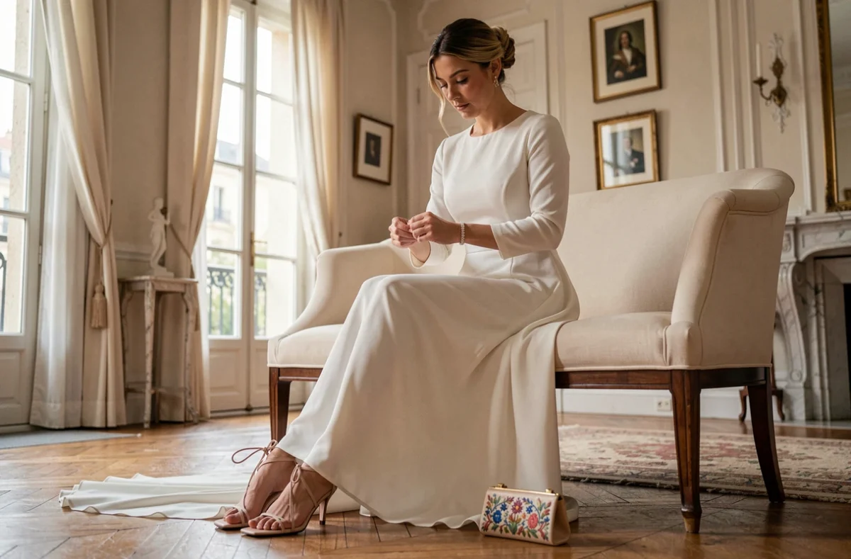 Mariée en robe de soirée blanche attachant un bracelet en or dans un appartement parisien avec chaussures et pochette brodée au sol