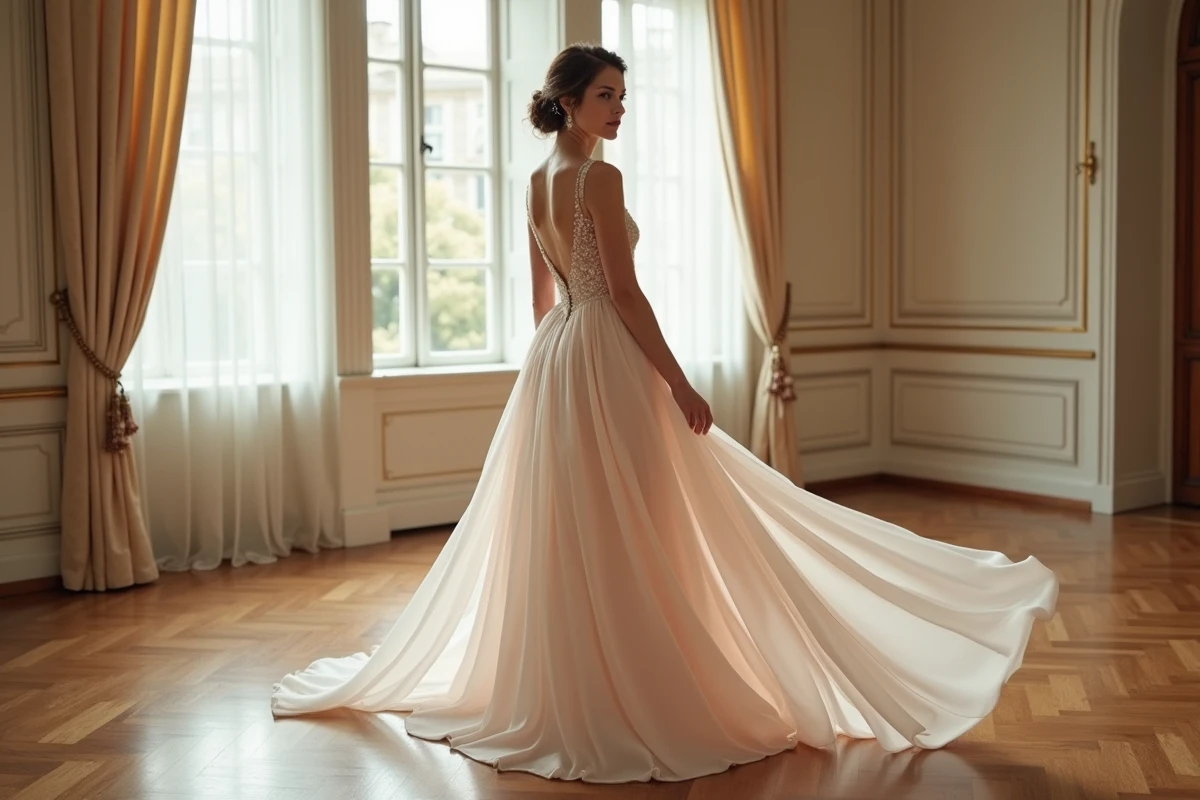 Vue de dos d'une mariée en robe asymétrique chiffon blush dans un salon haussmannien, soulignant la longueur du dos et la traîne fluide