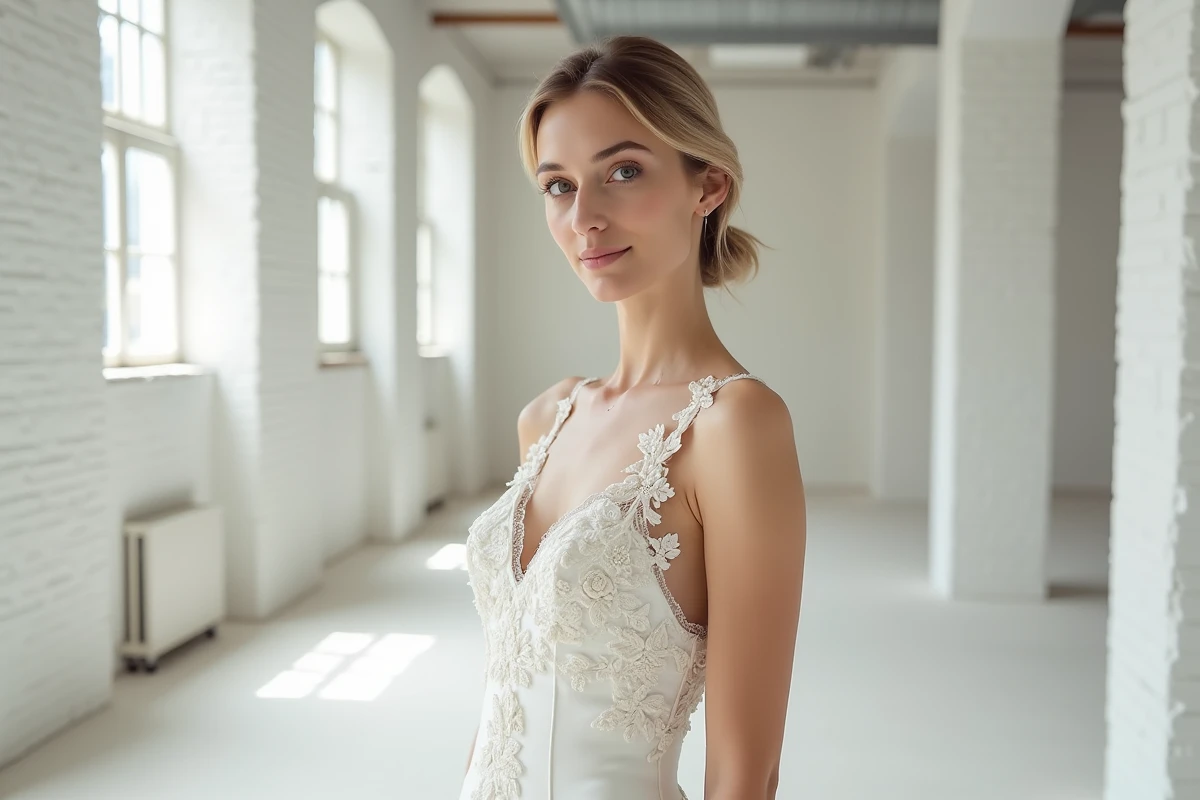 Robe de mariée blanche ajustée avec appliqués floraux 3D photographiée dans un atelier moderne lumineux