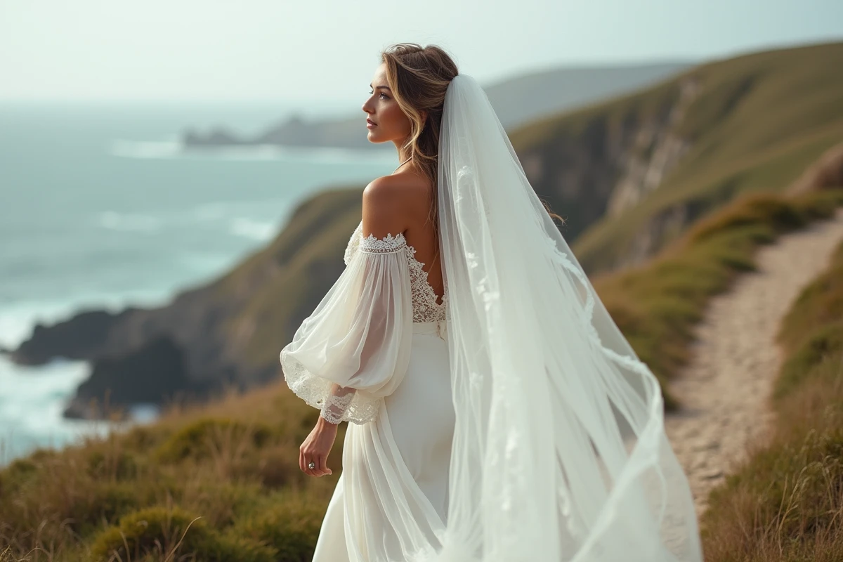 Robe de mariée blanche bohème en dentelle portée sur un sentier côtier sauvage avec voile au vent face à l'océan Atlantique