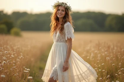 Jeune mariée en robe bohème ivoire à dentelle dans un champ de fleurs sauvages, look romantique petit budget