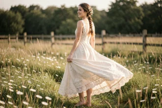 Mariée en robe bohème chic ivoire avec dentelle dans un champ de fleurs sauvages pour un mariage champêtre