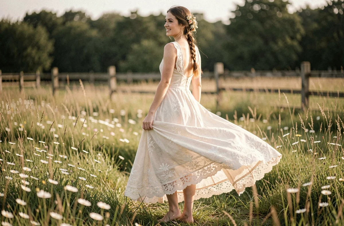 Mariée en robe bohème chic ivoire avec dentelle dans un champ de fleurs sauvages pour un mariage champêtre