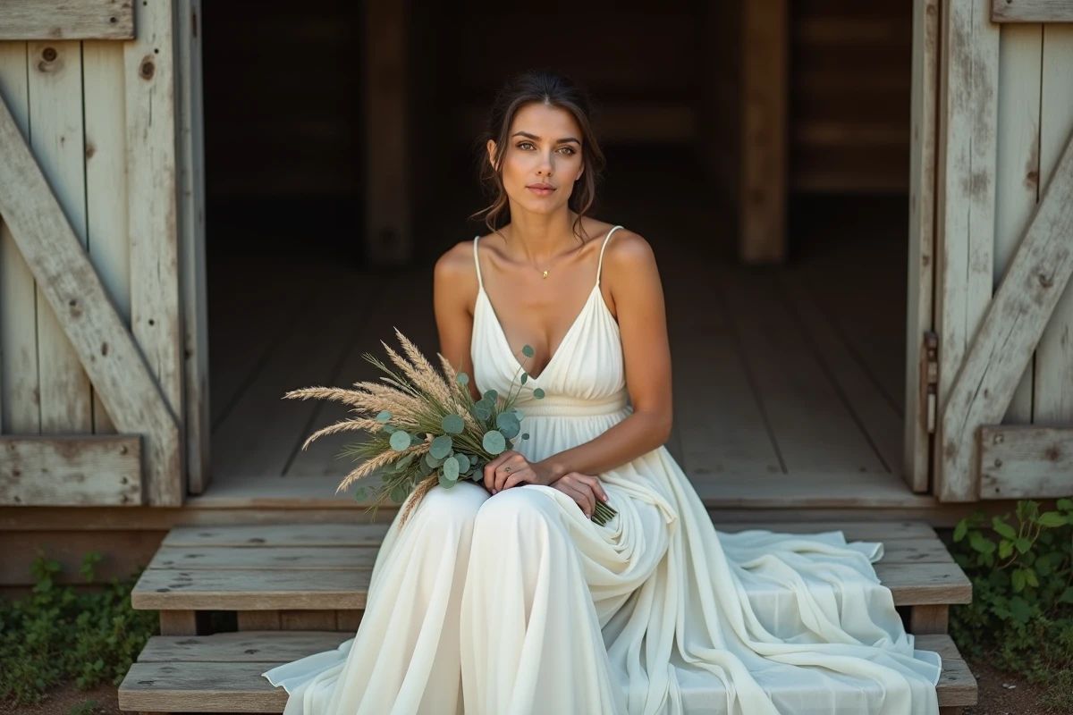 Mariée bohème en robe chiffon ivoire assise sur les marches d'une grange rustique avec bouquet de pampa, mariage économique