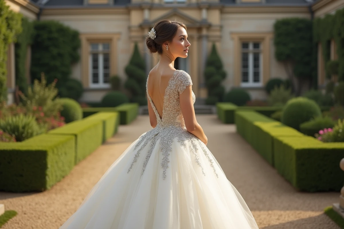 Robe de mariée princesse bouffante avec détails paillettes argentés portée dans un jardin de château français