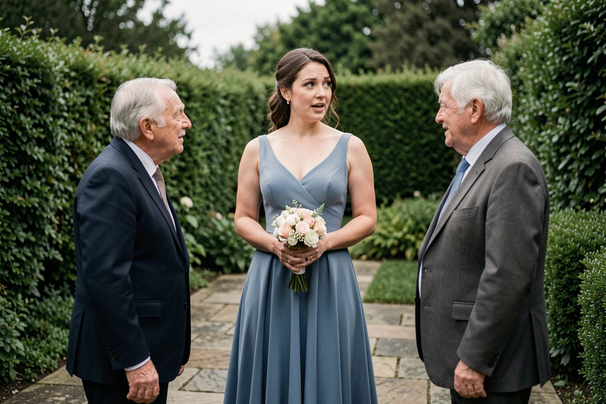 Mariée en robe de mariage bleu poudré présentant sa tenue à ses beaux-parents dans un jardin fleuri