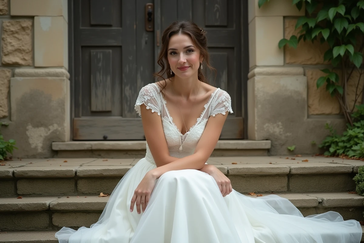 Mariée détendue en robe courte avec dentelle assise sur des marches en pierre d'une mairie de campagne