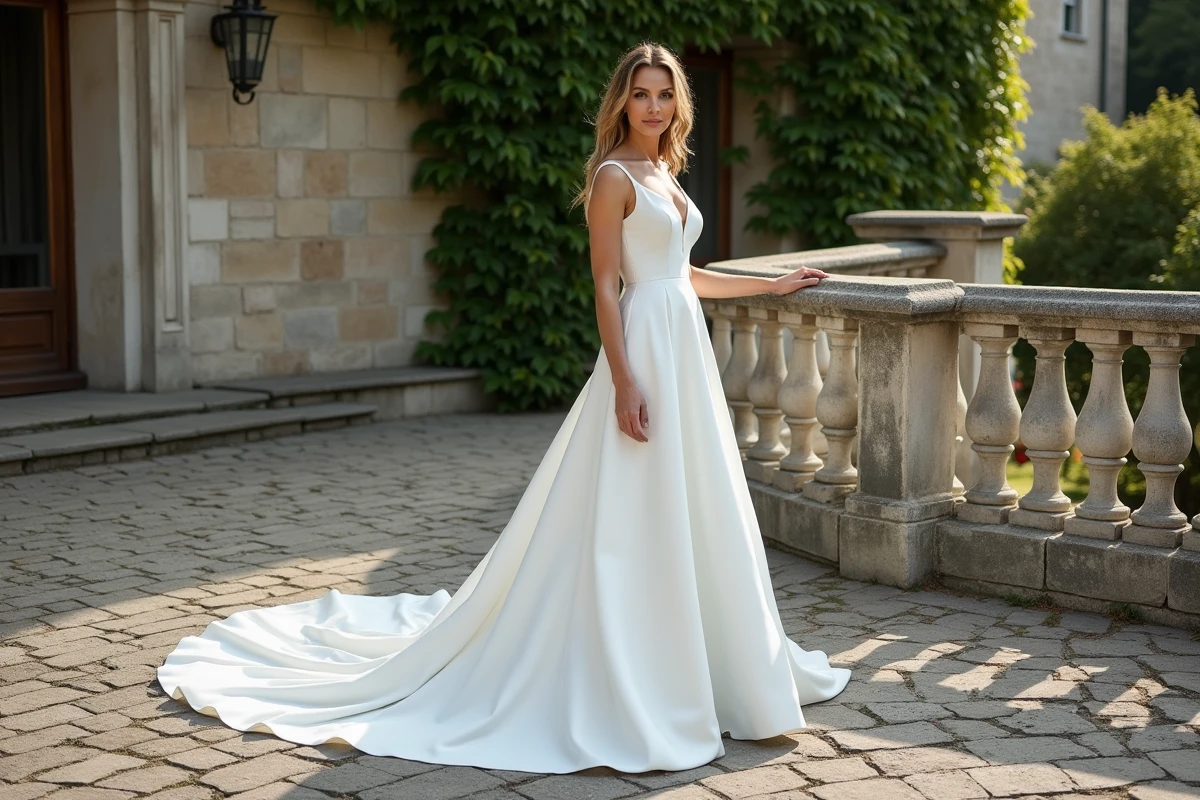 Mariée en robe de mariée mi-longue devant avec traîne cathédrale dans la cour d'un château rustique en pierre, vue trois quarts pleine longueur