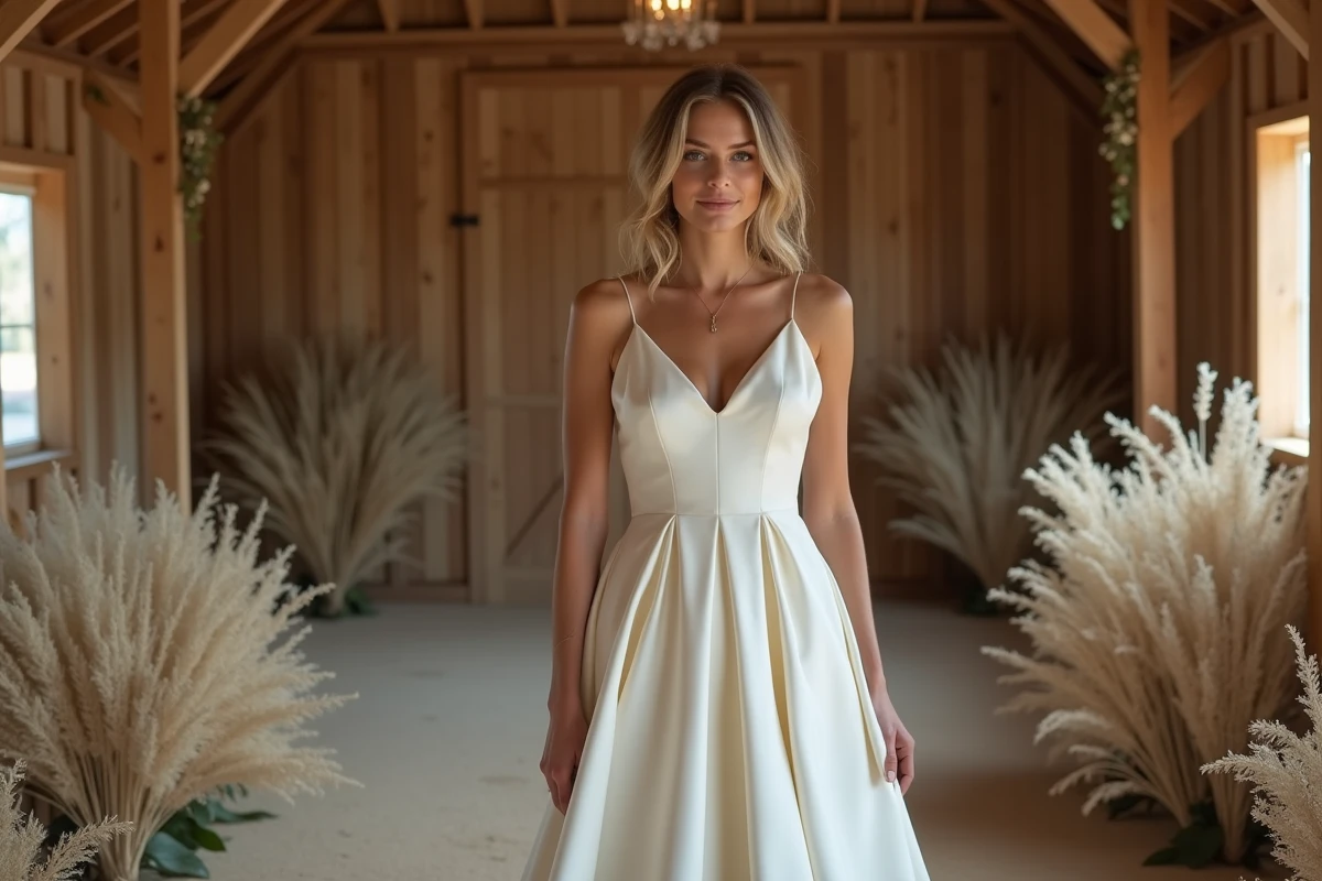 Mariée en robe satin minimaliste dans une grange rustique décorée de fleurs séchées et de lin