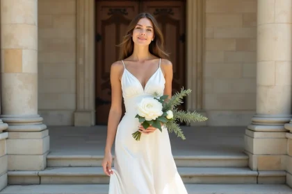 Mariée en robe blanche simple et élégante devant la mairie pour une cérémonie civile intimiste