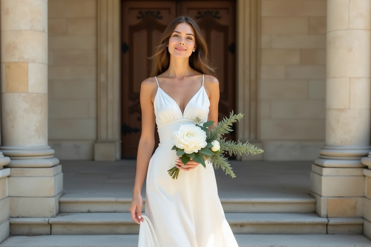 Mariée en robe blanche simple et élégante devant la mairie pour une cérémonie civile intimiste