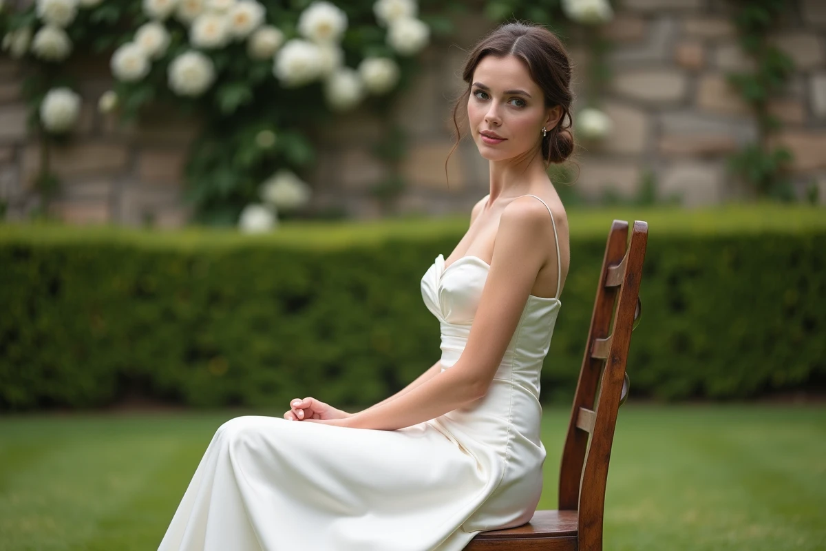 Petite mariée assise en robe de mariée tea-length à taille haute dans un jardin, posture naturelle et silhouette valorisée