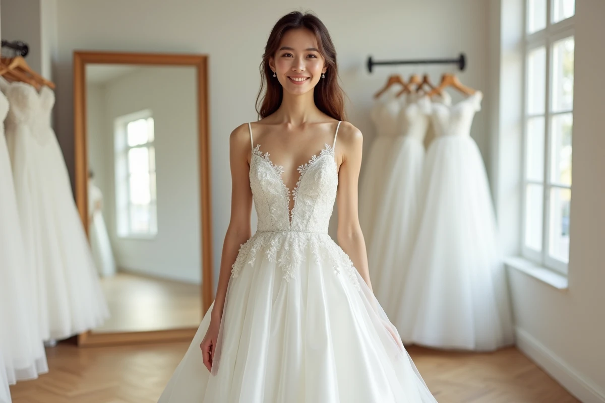 Petite mariée en robe de mariée cintrée à taille empire dans une boutique de mariage, posture droite et élégante mise en valeur