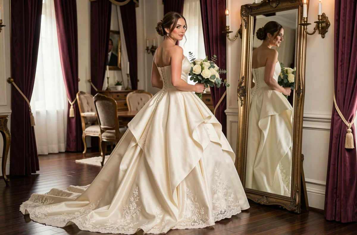 Mariée vue de dos en robe de mariée princesse bustier satin avec traîne dentelle florale dans une suite de luxe devant un miroir ancien