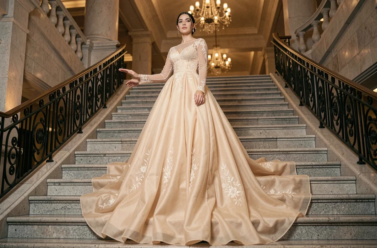 Mariée en robe princesse champagne avec longue traîne royale sur un grand escalier en pierre d'un château lors d'un mariage glamour en soirée