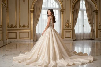 Mariée en robe princesse ivoire avec longue traîne cathédrale dans un somptueux hall de bal aux colonnes dorées lors d'un mariage glamour en soirée