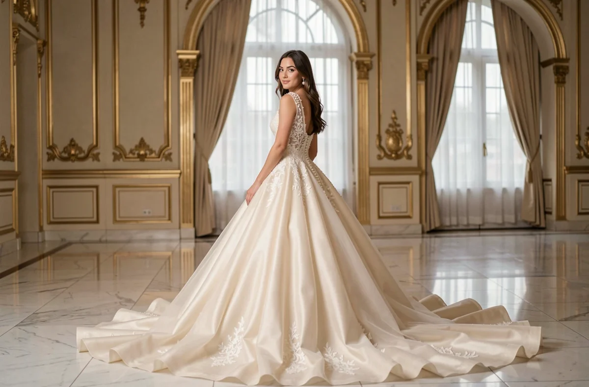 Mariée en robe princesse ivoire avec longue traîne cathédrale dans un somptueux hall de bal aux colonnes dorées lors d'un mariage glamour en soirée