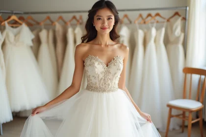 Mariée en robe princesse à jupe en tulle bouffante et broderies de sequins dorés dans un atelier de couture parisien