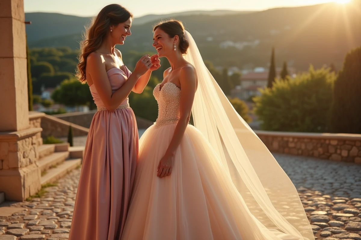 Mariée en robe de mariée princesse champagne avec amie témoin devant une église de village provençal entourée de champs de lavande