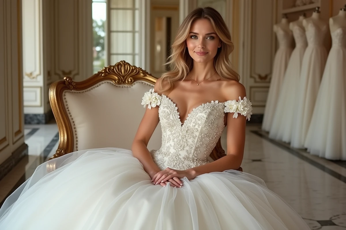 Future mariée assise en robe princesse à épaules dénudées et jupe en mikado dans une boutique de mariée parisienne