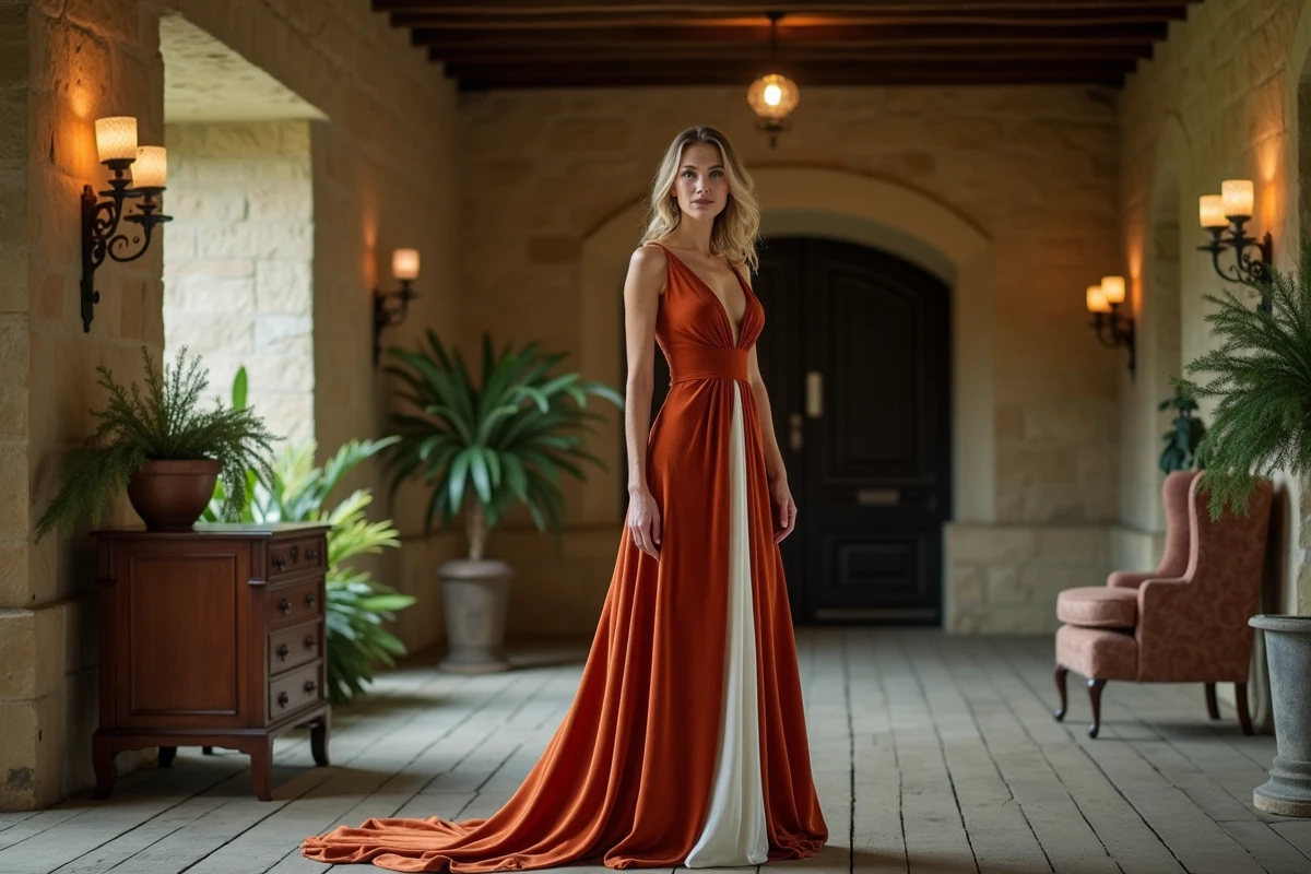 Femme en robe témoin terracotta en velours longue dans un château en pierre décoré pour un mariage hivernal
