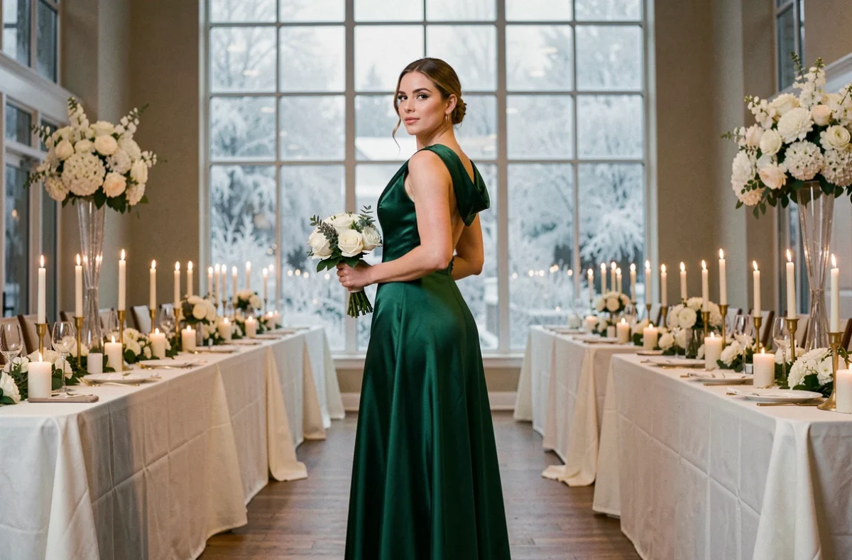 Femme en robe de soirée vert forêt en satin dans une salle de mariage hivernale élégante