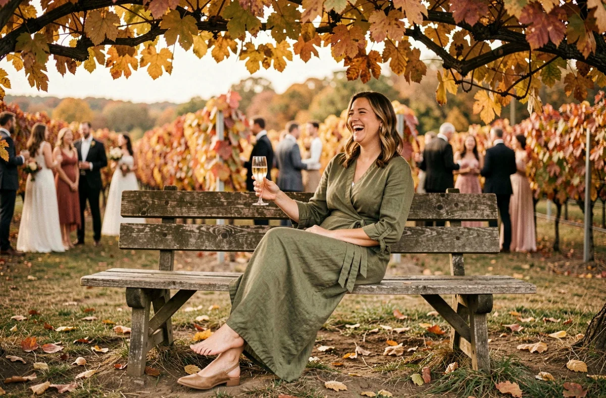 Femme en robe verte olive en lin lors d'un mariage en automne dans un vignoble