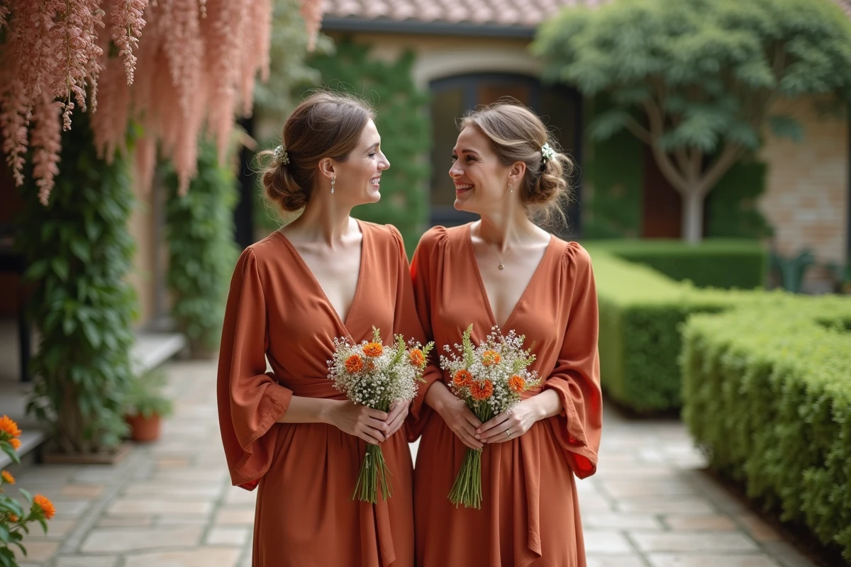Deux témoins de mariage en robes terracotta à manches longues sur une terrasse en pierre fleurie au printemps