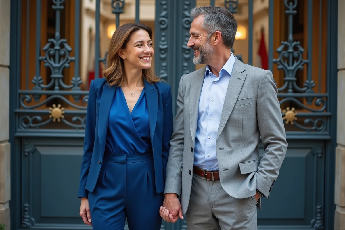 Couple mixte devant la mairie de Paris avec drapeaux français