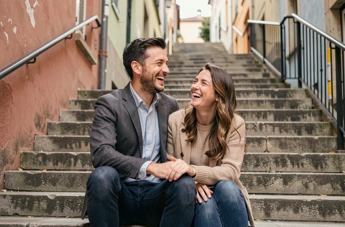 Séance photo de couple sur les escaliers de la Grande-Côte dans le quartier de la Croix-Rousse à Lyon