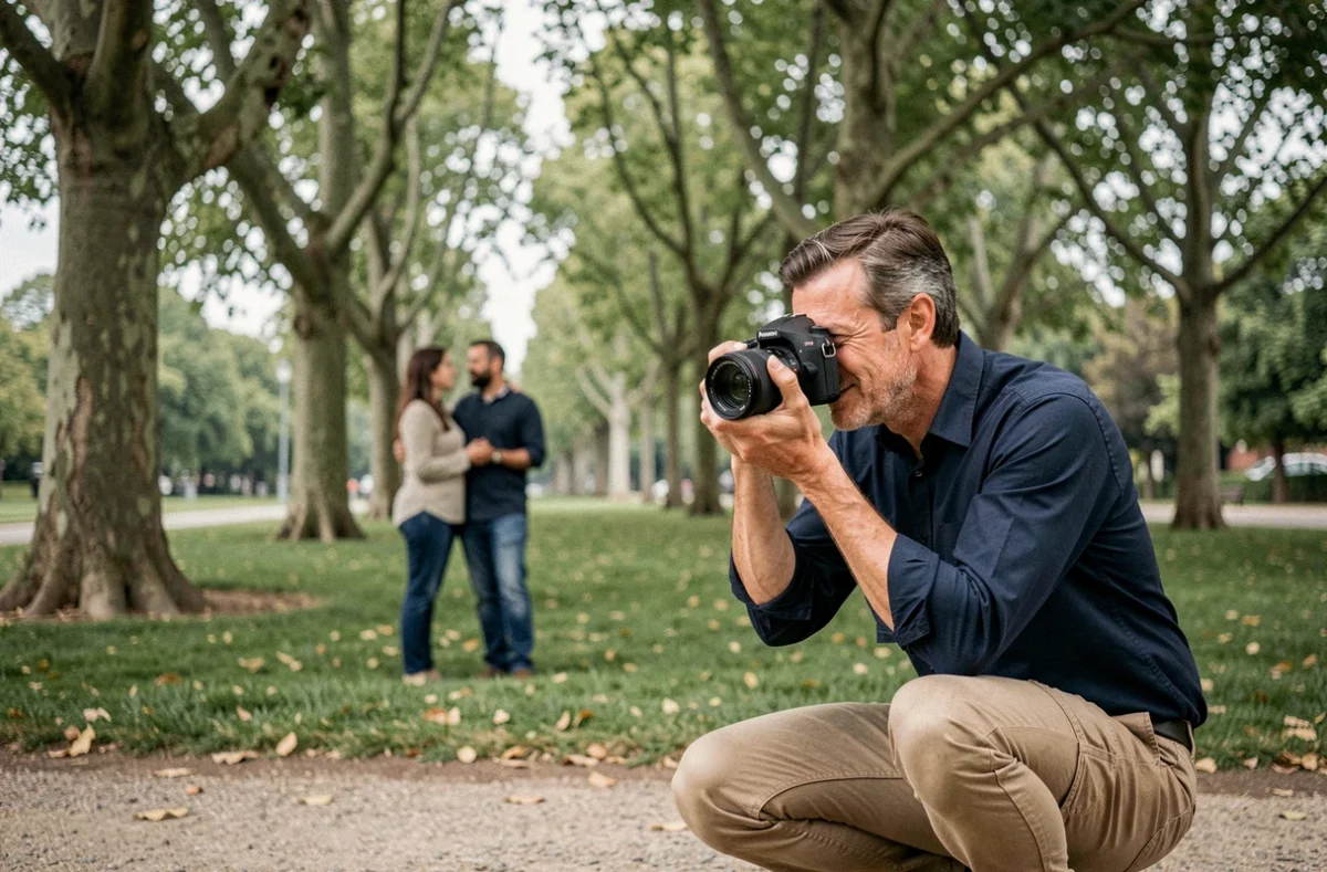 Photographe homme réalisant une séance photo de couple dans un parc de La Roche-sur-Yon