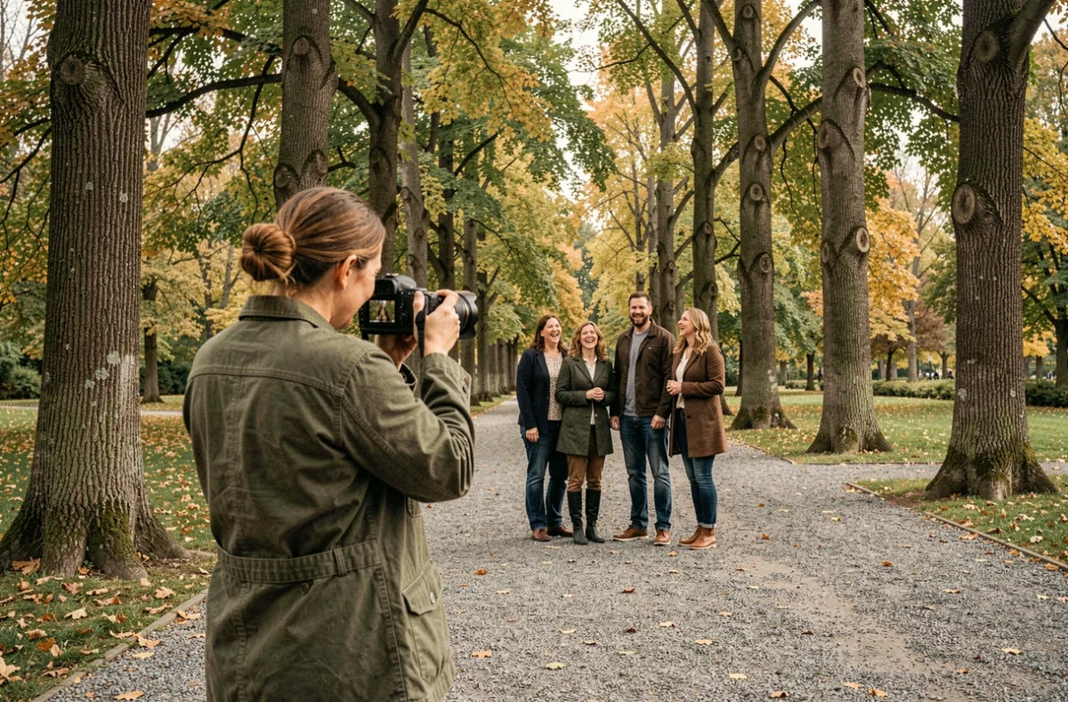 Photographe de famille en action lors d'une séance photo en plein air dans un parc de Bourg-en-Bresse en automne