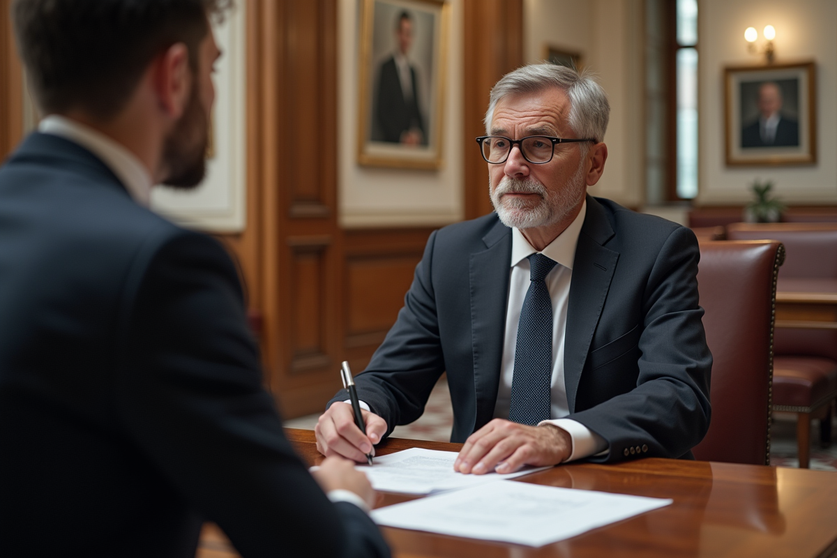 Officier civil préparant les documents pour un mariage dans une mairie moderne