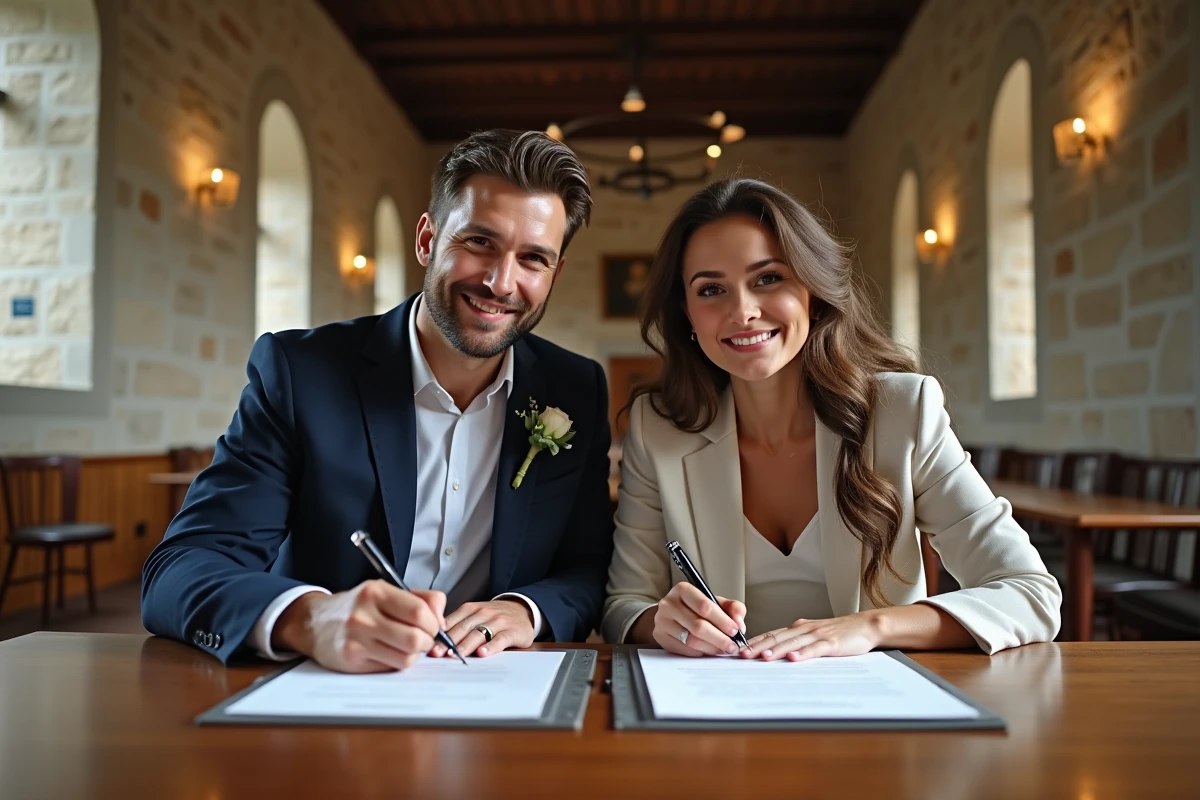 Amis signant un registre de mariage en intérieur