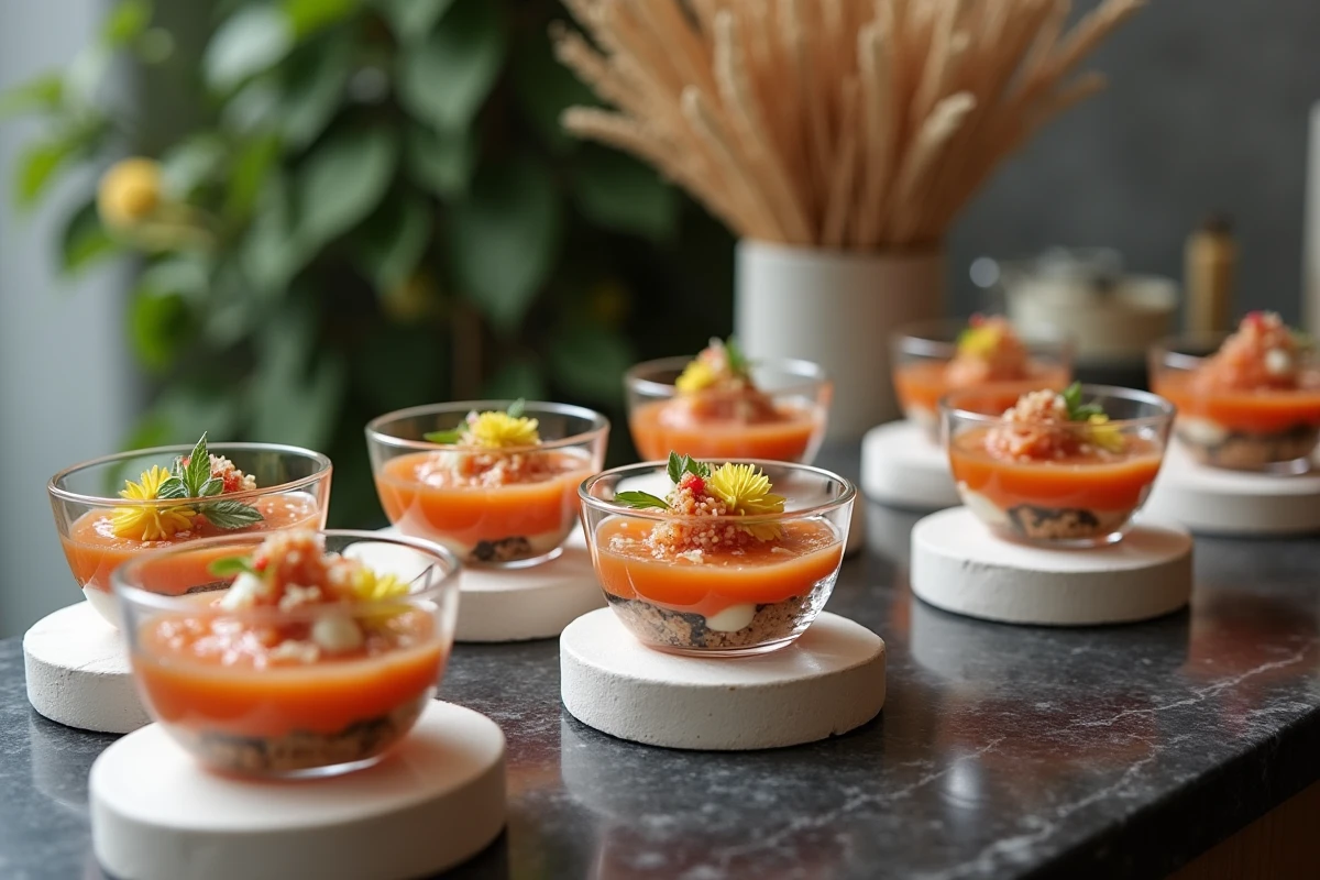 Station buffet froid mariage tendance 2026 avec verrines de gaspacho, poke bowls et sushis végétaux décorés de fleurs comestibles dans un espace minimaliste