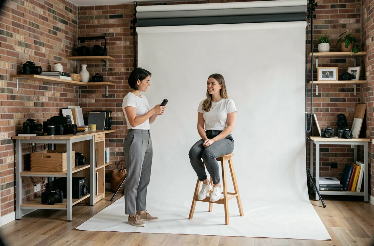 Studio photo professionnel à La Roche-sur-Yon avec photographe et modèle lors d'une prise de vue