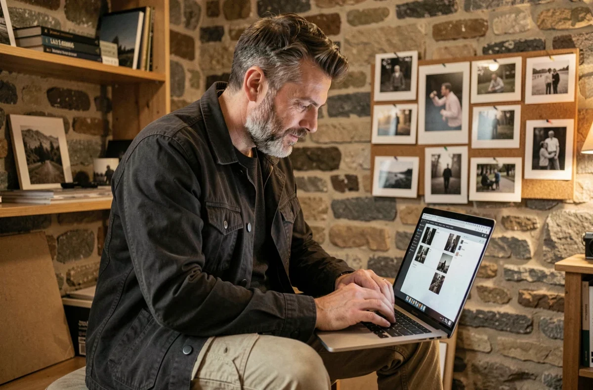 Photographe professionnel consultant des photos sur ordinateur dans un studio aux murs en pierre à Lyon Croix-Rousse