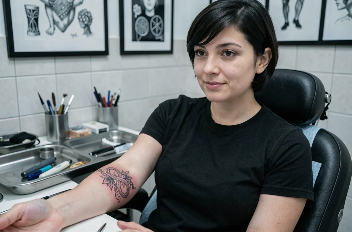 Femme dans un studio de tatouage avec un tatouage alliance infini orné fraîchement réalisé sur le doigt