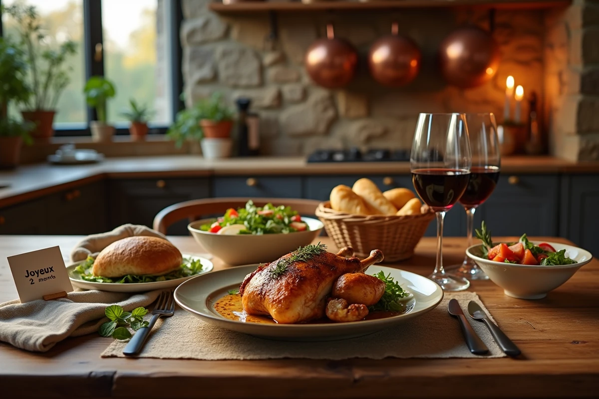 Table dressée pour un dîner maison romantique avec plats cuisinés, vin rouge et petite carte pour deux mois de mariage
