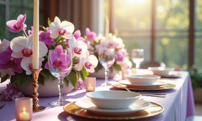 Table de mariage avec orchidées blanches et violettes