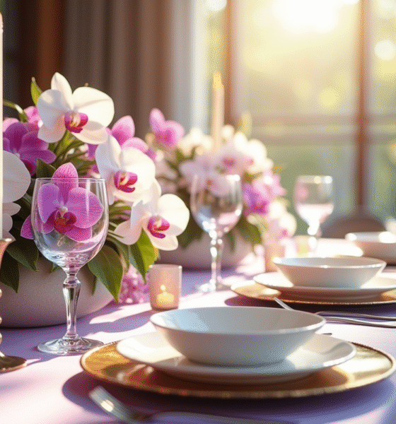 Table de mariage avec orchidées blanches et violettes